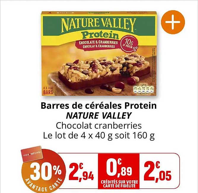 Barres de céréales Protein NATURE VALLEY Chocolat cranberries Le lot de 4 x 40 g soit 160 g