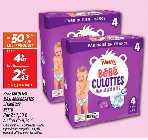 Bébé culottes maxi absorbantes 8/15KG x22 Netto