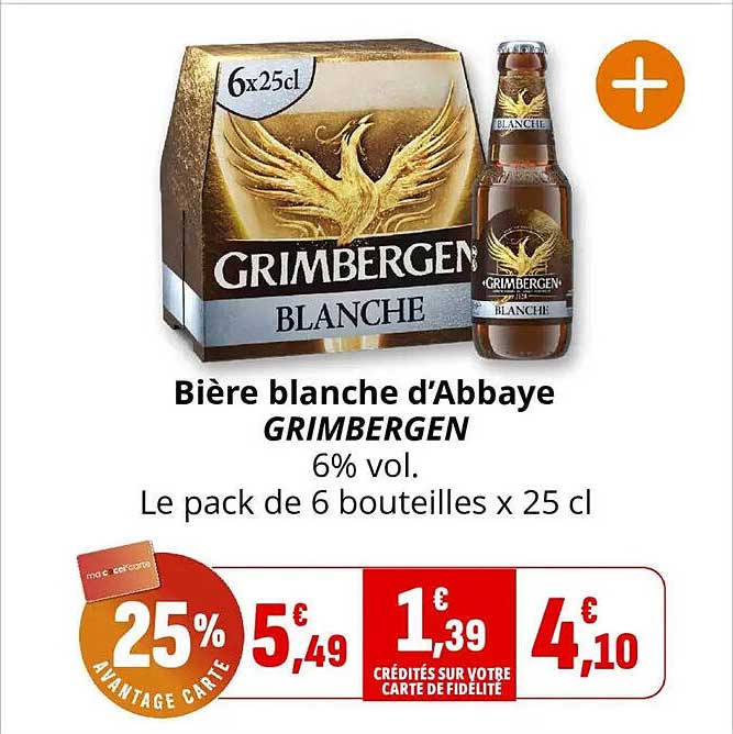 Bière blanche d'Abbaye GRIMBERGEN 6% vol. Le pack de 6 bouteilles x 25 cl