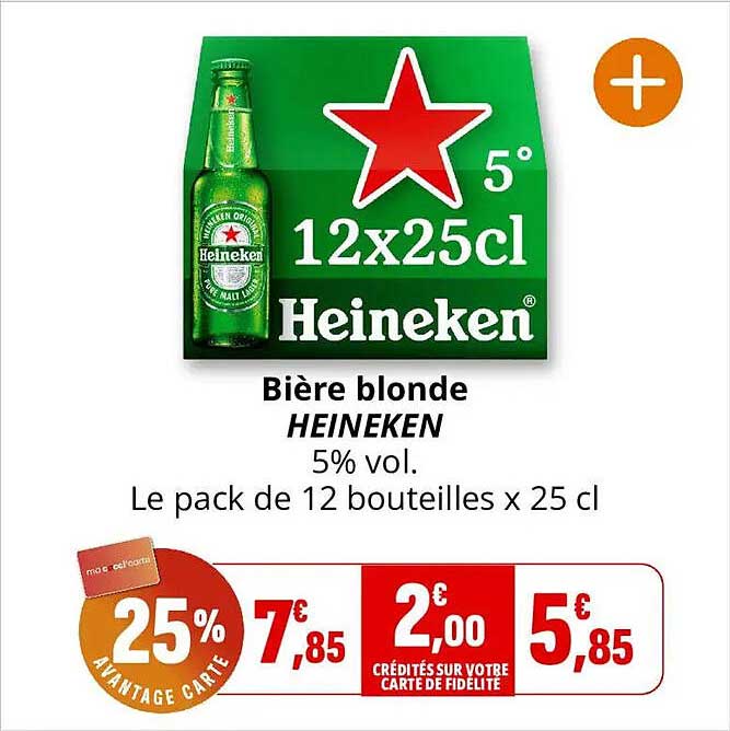 Biere blonde HEINEKEN 5% vol. Le pack de 12 bouteilles x 25 cl