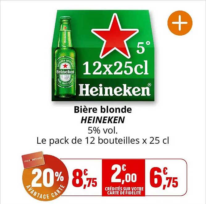 Bière blonde HEINEKEN 5% Vol. Le pack de 12 bouteilles x 25 cl