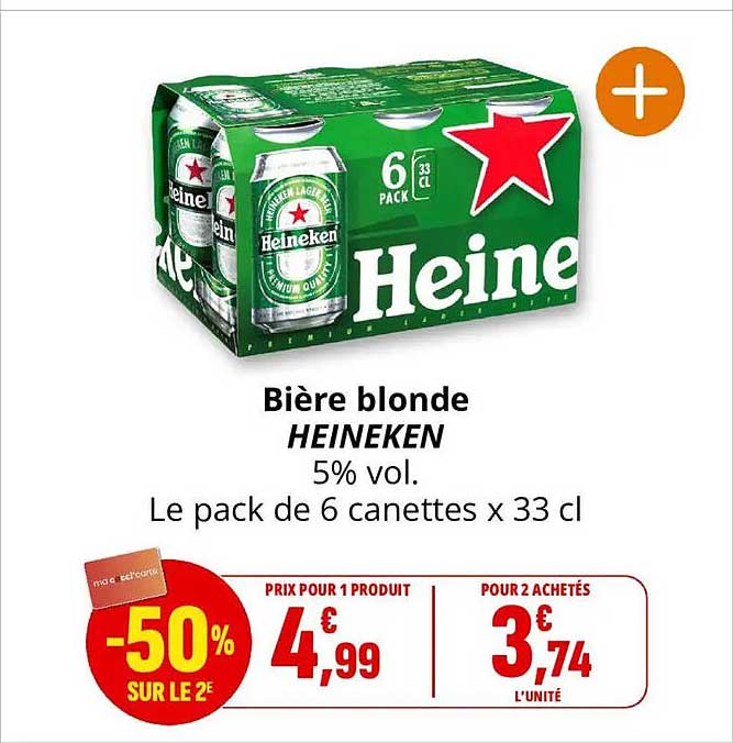 Bière blonde HEINEKEN 5% vol. Le pack de 6 canettes x 33 cl