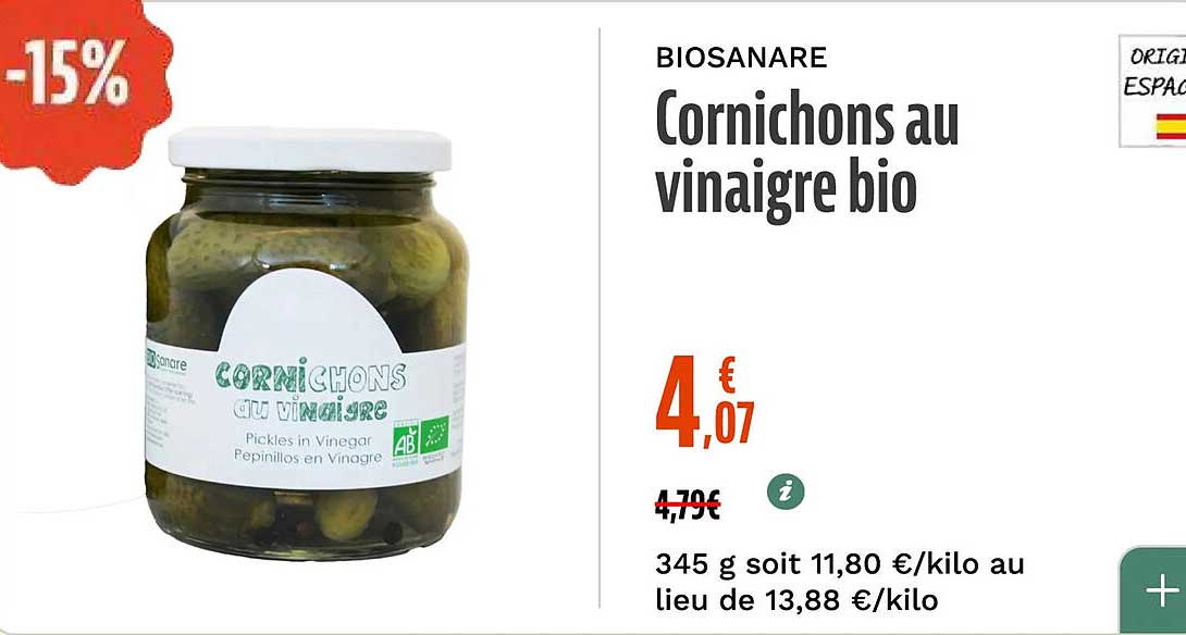 BIOSANARE Cornichons au vinaigre bio