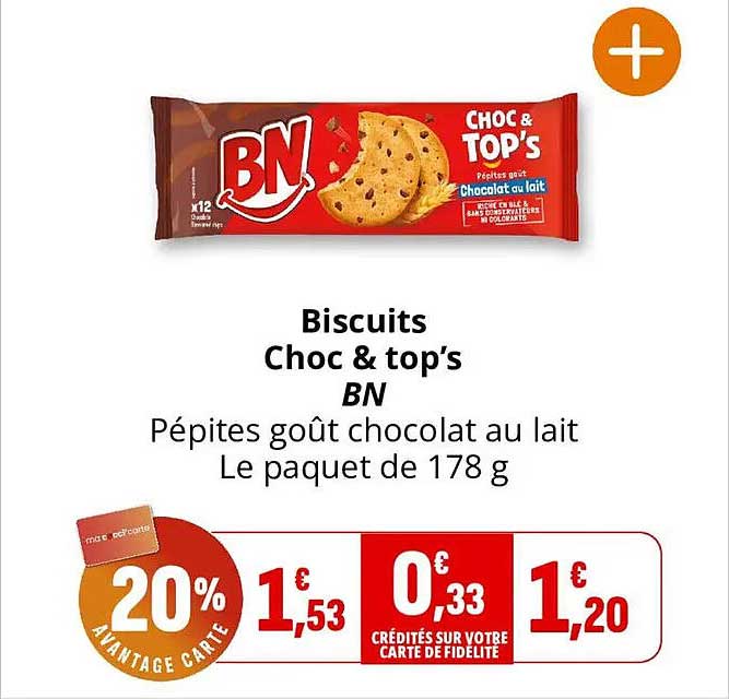 Biscuits Choc & top's BN Pépites goût chocolat au lait Le paquet de 178 g