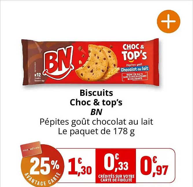 Biscuits Choc & top’s BN Pépites goût chocolat au lait Le paquet de 178 g