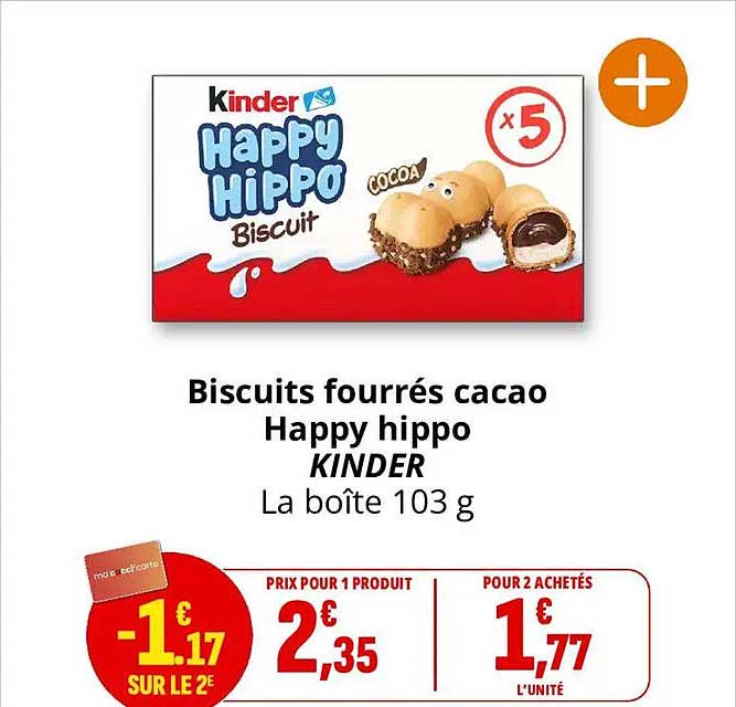 Biscuits fourrés cacao Happy hippo KINDER La boîte 103 g