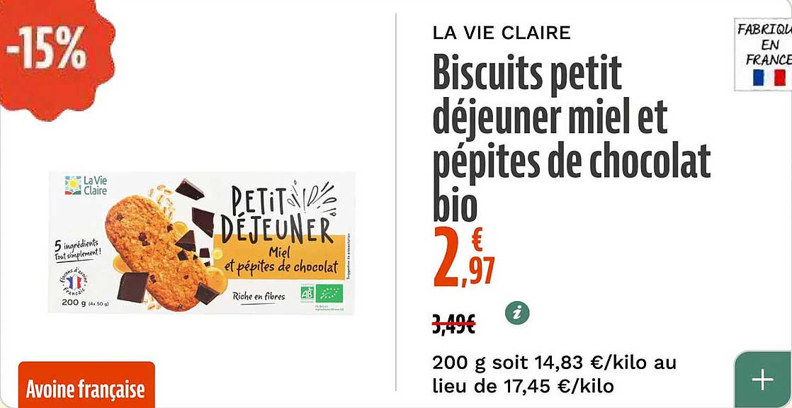 Biscuits petit déjeuner miel et pépites de chocolat bio