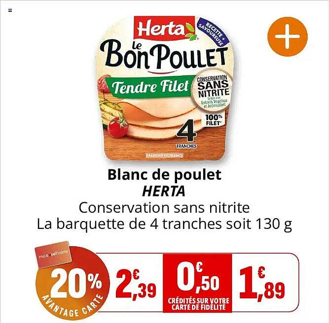 Blanc de poulet HERTA Conservation sans nitrite La barquette de 4 tranches soit 130 g