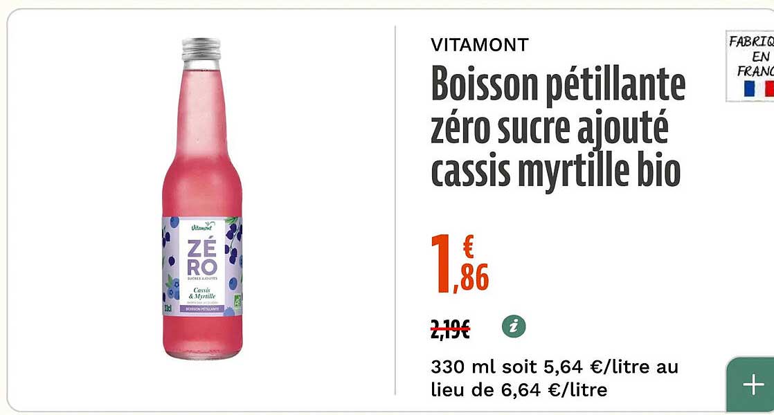 Boisson pétillante zéro sucre ajouté cassis myrtille bio