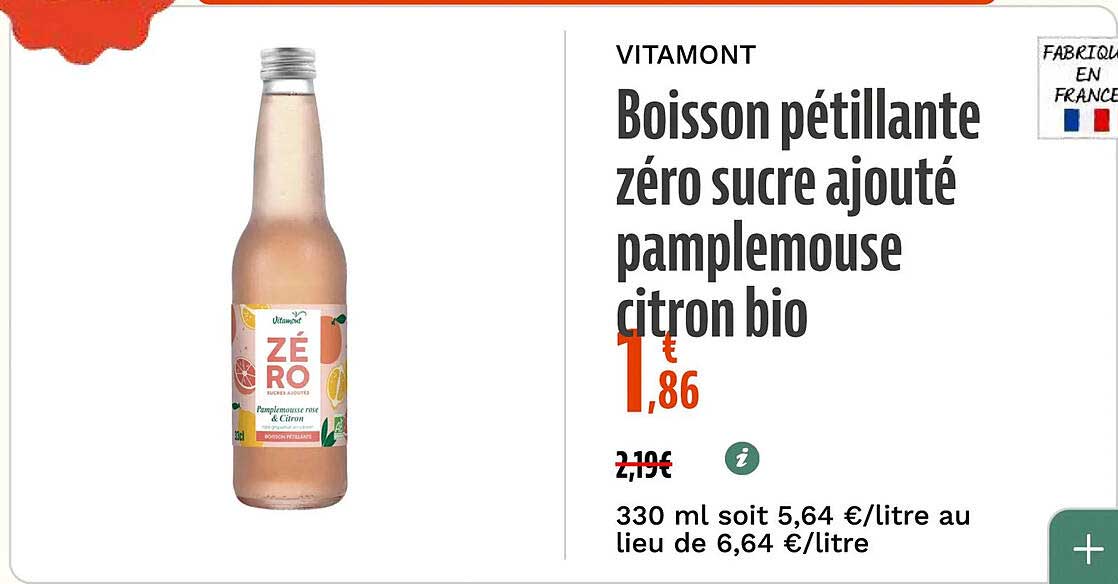 Boisson pétillante zéro sucre ajouté pamplemousse citron bio
