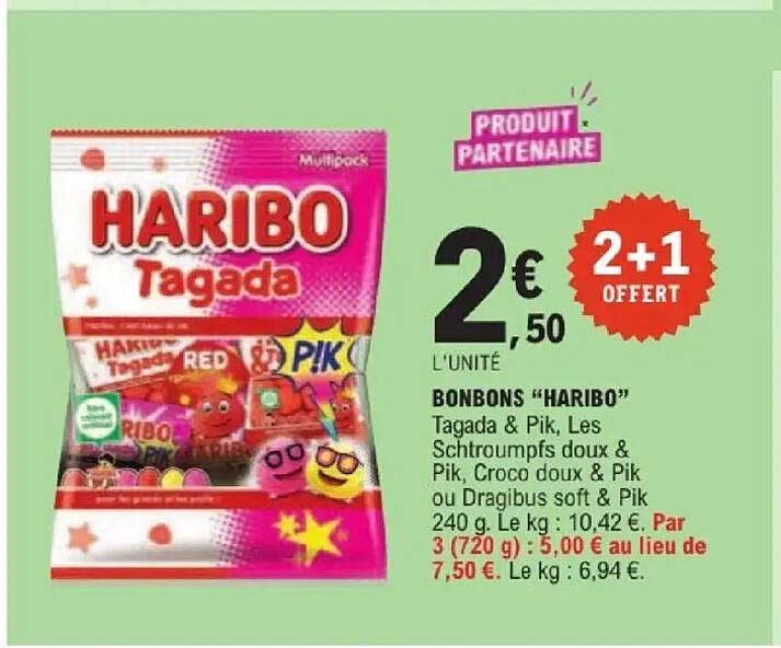 BONBONS “HARIBO” Tagada & Pik, Les Schtroumpfs doux & Pik, Croco doux & Pik ou Dragibus soft & Pik