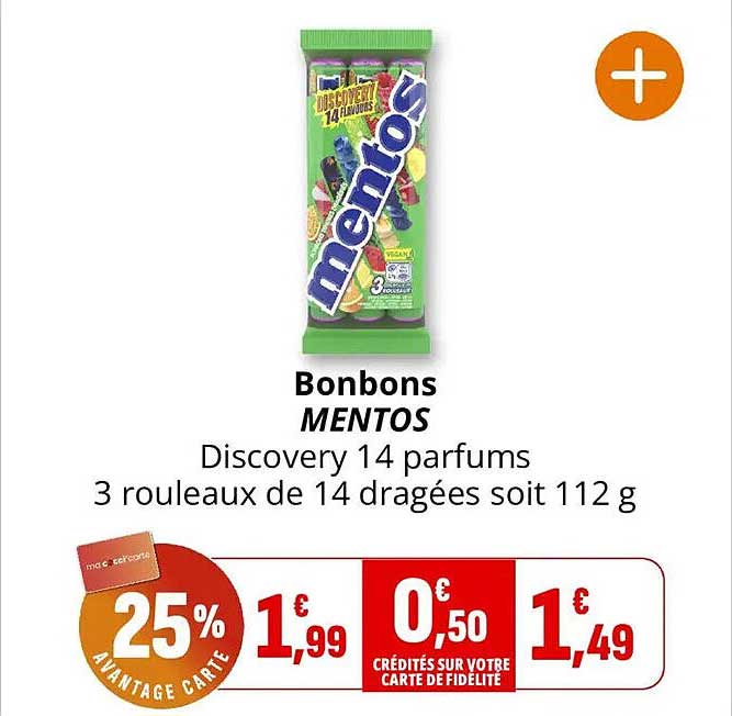 Bonbons MENTOS Discovery 14 parfums 3 rouleaux de 14 dragées soit 112 g