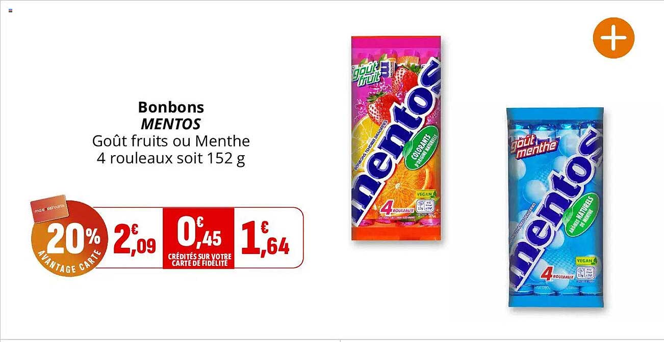 Bonbons MENTOS Goût fruits ou Menthe 4 rouleaux soit 152 g