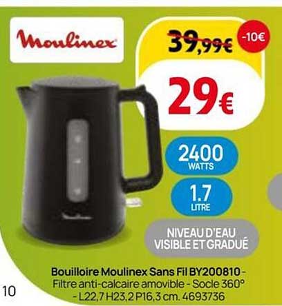 Bouilloire Moulinex Sans Fil BY200810 - Filtre anti-calcaire amovible - Socle 360°