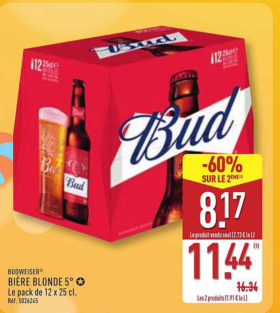 BUDWEISER® BIÈRE BLONDE 5° Le pack de 12 x 25 cl. Réf. 5026245
