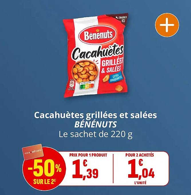 Cacahuètes grillées et salées BÉNÉNUTS Le sachet de 220 g