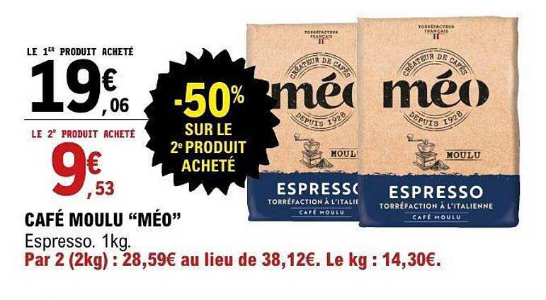 CAFÉ MOULU “MÉO” Espresso. 1kg. Par 2 (2kg) : 28,59€ au lieu de 38,12€. Le kg : 14,30€.
