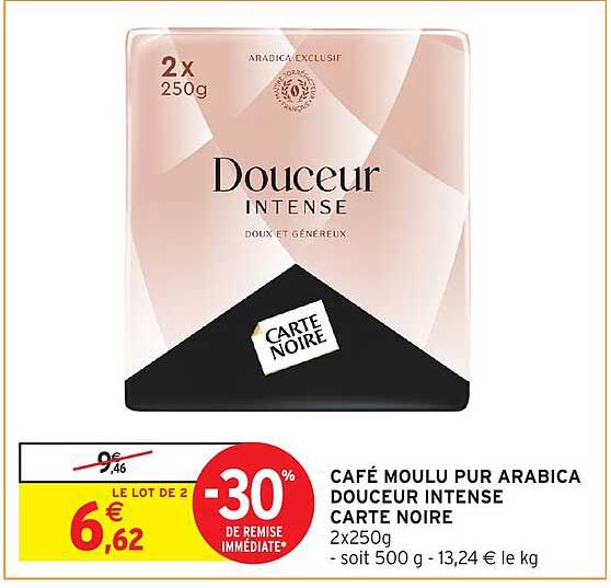 CAFÉ MOULU PUR ARABICA DOUCEUR INTENSE CARTE NOIRE 2x250g - soit 500 g - 13,24 € le kg