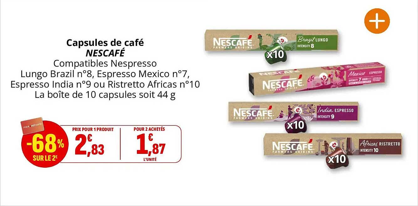 Capsules de café NESCAFÉ Compatibles Nespresso Lungo Brazil n°8, Espresso Mexico n°7, Espresso India n°9 ou Ristretto Africas n°10 La boîte de 10 capsules soit 44 g