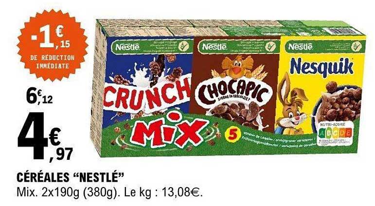 CÉRÉALES “NESTLÉ” Mix. 2x190g (380g). Le kg : 13,08€.