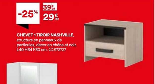 CHEVET 1 TIROIR NASHVILLE, structure en panneaux de particules, décor en chêne et noir, L40 H34 P30 cm. C0172727