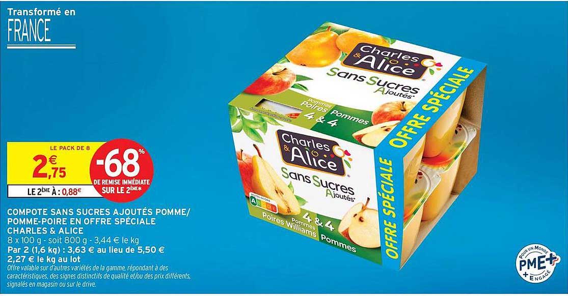 COMPOTE SANS SUCRES AJOUTÉS POMME/POMME-POIRE EN OFFRE SPÉCIALE CHARLES & ALICE