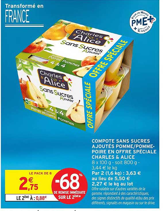 COMPOTE SANS SUCRES AJOUTÉS POMME/POMME-POIRE EN OFFRE SPÉCIALE CHARLES & ALICE