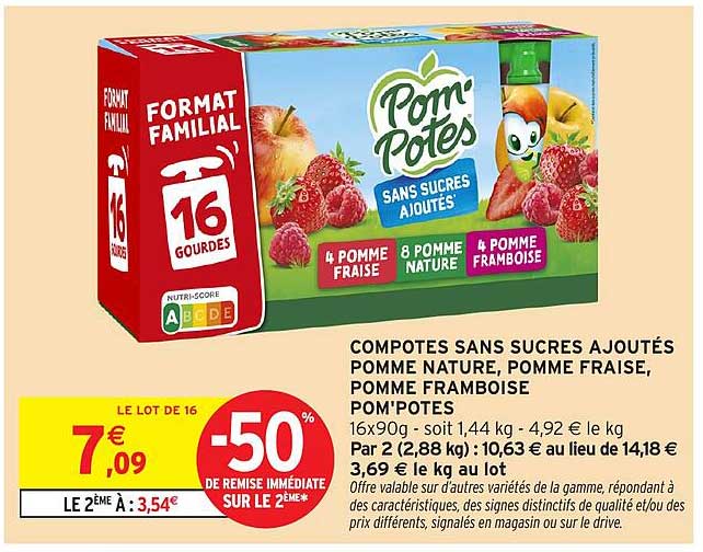 COMPOTES SANS SUCRES AJOUTÉS POMME NATURE, POMME FRAISE, POMME FRAMBOISE POM'POTES
