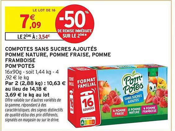 COMPOTES SANS SUCRES AJOUTÉS POMME NATURE, POMME FRAISE, POMME FRAMBOISE POM’POTES