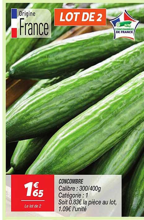CONCOMBRE Calibre : 300/400g Catégorie : 1 Soit 0.83€ la pièce au lot, 1.09€ l'unité