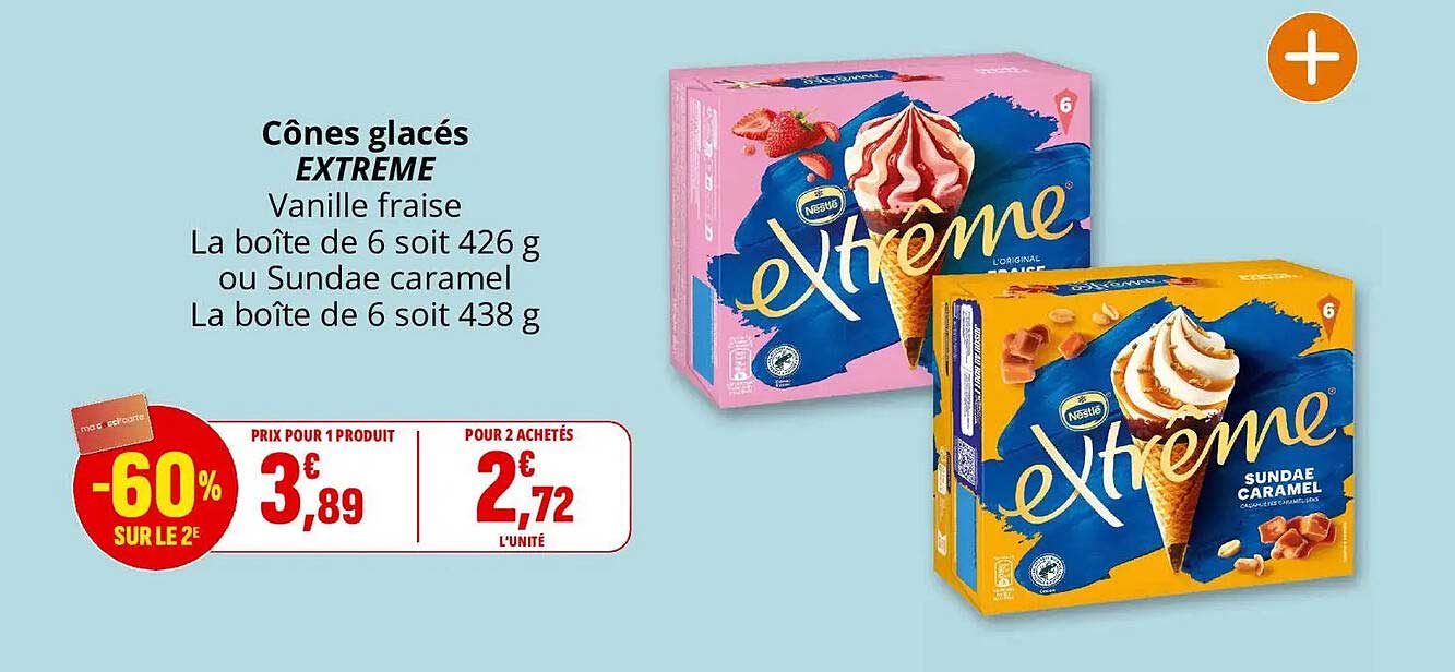 Cônes glacés EXTREME Vanille fraise La boîte de 6 soit 426 g ou Sundae caramel La boîte de 6 soit 438 g