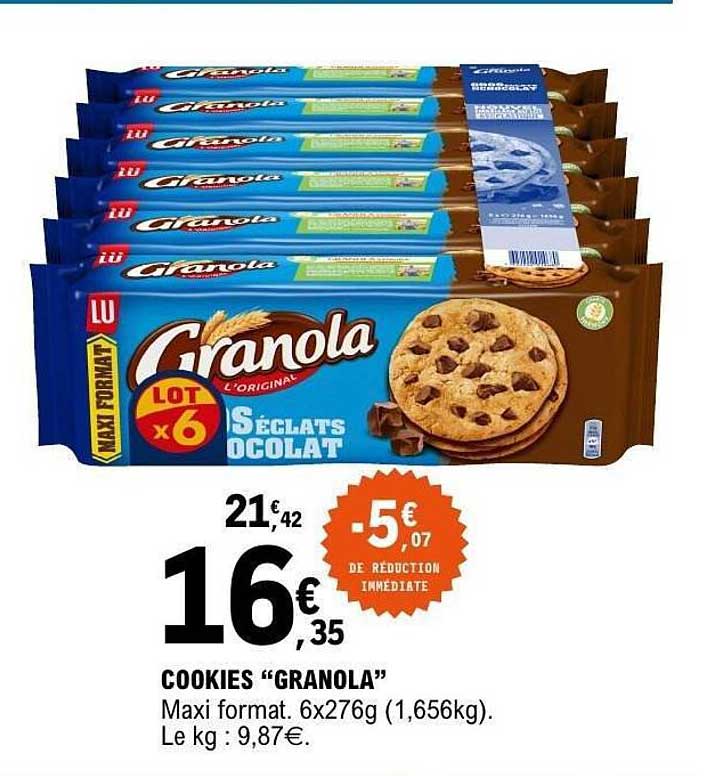 COOKIES “GRANOLA” Maxi format. 6x276g (1,656kg). Le kg : 9,87€.