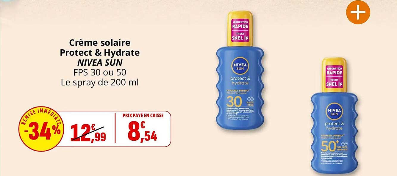 Crème solaire Protect & Hydrate NIVEA SUN FPS 30 ou 50 Le spray de 200 ml