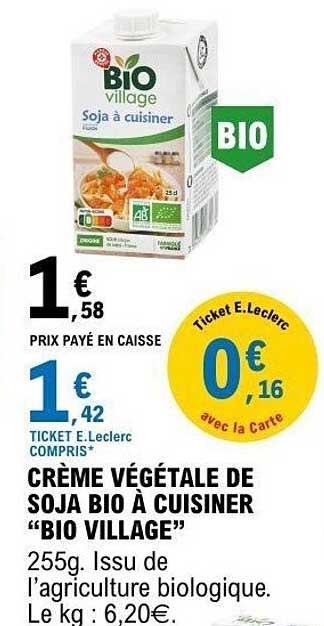 CRÈME VÉGÉTALE DE SOJA BIO À CUISINER “BIO VILLAGE”