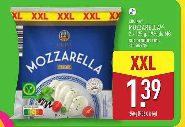 CUCINA MOZZARELLA[A] 2 x 125 g. 19% de MG sur produit fini. Réf. 5002787
