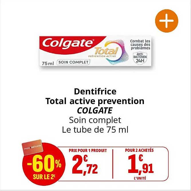 Dentifrice Total active prevention COLGATE Soin complet Le tube de 75 ml
