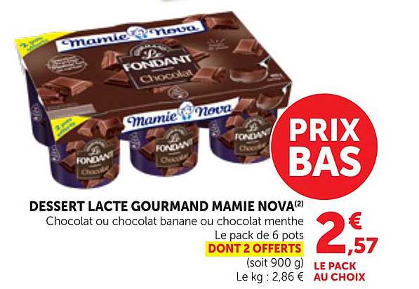 DESSERT LACTE GOURMAND MAMIE NOVA(2) Chocolat ou chocolat banane ou chocolat menthe