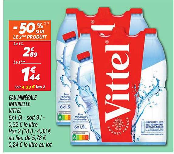 EAU MINÉRALE NATURELLE VITTEL 6x1,5l - soit 9 l - 0.32 € le litre