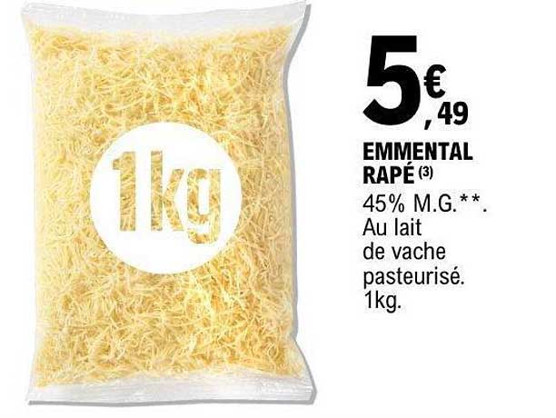 EMMENTAL RÂPÉ (3) 45% M.G.**. Au lait de vache pasteurisé. 1kg.