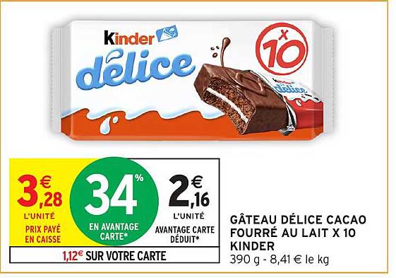 GÂTEAU DÉLICE CACAO FOURRÉ AU LAIT X 10 KINDER