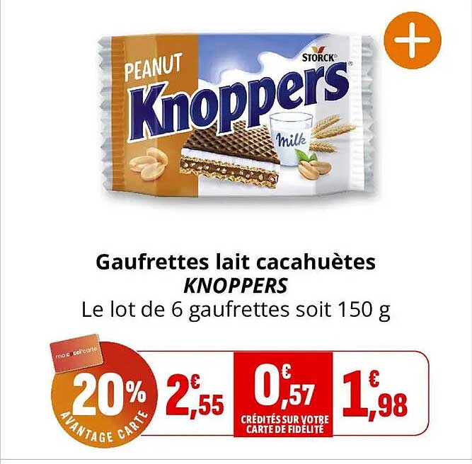 Gaufrettes lait cacahuètes KNOPPERS Le lot de 6 gaufrettes soit 150 g