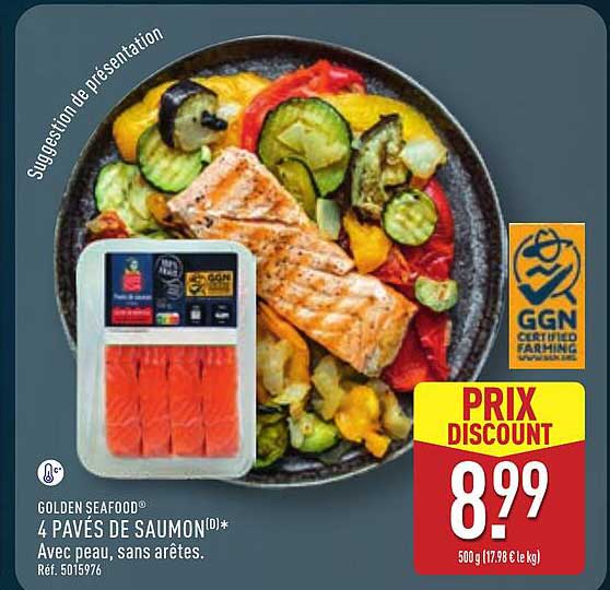 GOLDEN SEAFOOD® 4 PAVÉS DE SAUMON(D)* Avec peau, sans arêtes. Réf. 5015976