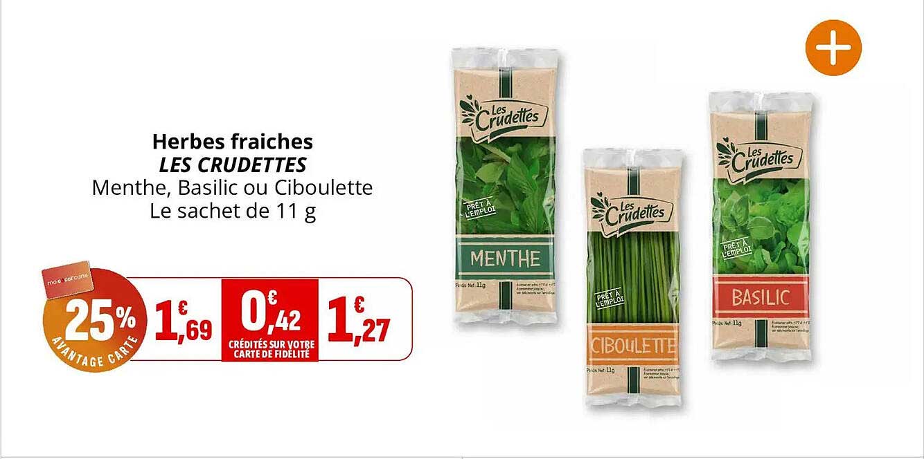 Herbes fraiches LES CRUDETTES Menthe, Basilic ou Ciboulette Le sachet de 11 g