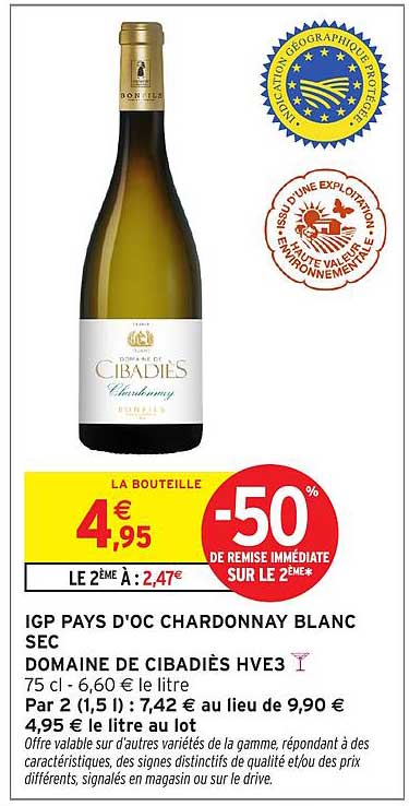 IGP PAYS D'OC CHARDONNAY BLANC SEC DOMAINE DE CIBADIÈS HVE3