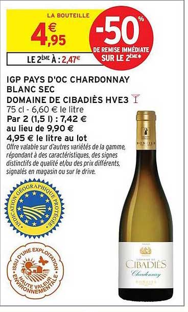 IGP PAYS D'OC CHARDONNAY BLANC SEC DOMAINE DE CIBADIÈS HVE3
