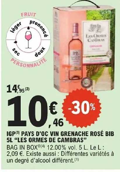IGP PAYS D'OC VIN GRENACHE ROSE BIB 5L "LES ORMES DE CAMBRAS"