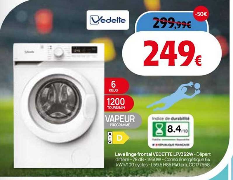 Lave linge frontal VEDETTE LFV362W - Départ différé - 78 dB - 1950W - Conso énergétique 64 kWh/100 cycles - L59,5 H85 P40 cm. C0177668
