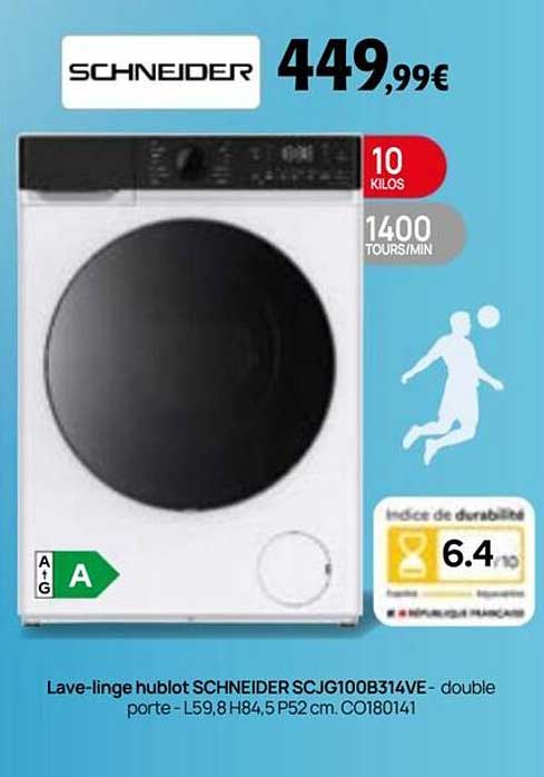 Lave-linge hublot SCHNEIDER SCJG100B314VE - double porte - L59,8 H84,5 P52 cm. CO180141