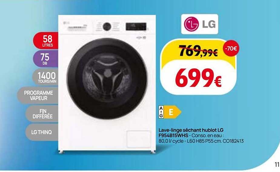 Lave-linge séchant hublot LG F954B15WHS - Conso. en eau : 80.0 l / cycle - L60 H85 P55 cm. C0182413