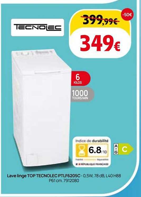 Lave linge TOP TECNOLEC PTLF6205C - 0,5W, 78 dB, L40 H88 P61 cm. 7912080